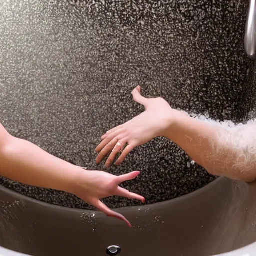 Prompt: two people in an old claw tub reaching out their arms to touch