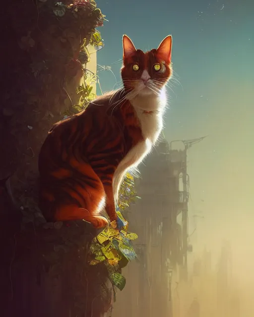 Prompt: highly detailed surreal vfx portrait of a calico cat, stephen bliss, unreal engine, greg rutkowski, loish, rhads, beeple, makoto shinkai and lois van baarle, ilya kuvshinov, rossdraws, tom bagshaw, alphonse mucha, global illumination, detailed and intricate environment