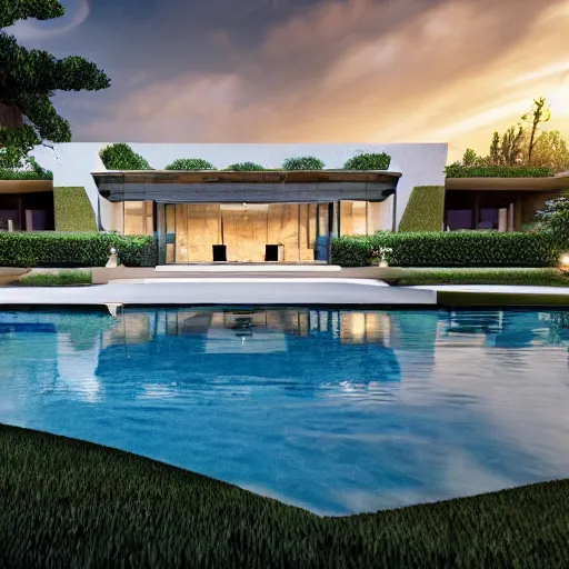 Prompt: luxury house with an infinite edge pool, concept art, Art station ,4k, 8k, high detailed, HD, photorealistic