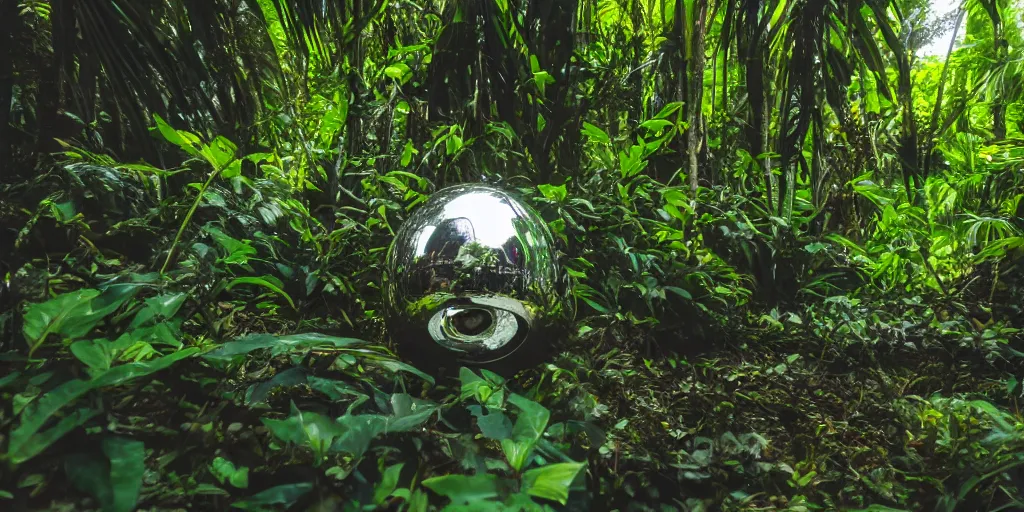 Prompt: photo of a chrome blob deep in tropical jungle, sharp wide shot