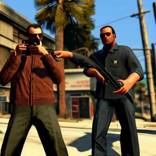 Prompt: extremely cool looking quentin tarantino in the game'gta v '. he shoots at civilians. highly detailed.