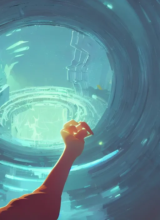 Image similar to zoomed out hand!!! with and eye in the center, floating in a spiraling abyss, scifi, liminal space, painted by pedro correa, cory loftis, james gilleard, atey ghailan, makoto shinkai, goro fujita, studio ghibli