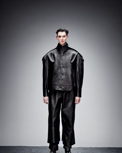 Prompt: a fashion editorial photo of a charcoal extremely baggy short ancient medieval designer menswear leather jacket with an oversized collar and baggy bootcut trousers designed by alexander mcqueen, 4 k, studio lighting, wide angle lens