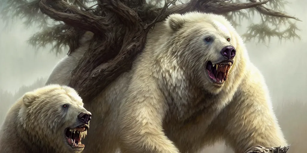 Prompt: albino grizzly bear mauling ted nugent, ethereal, handsome, d & d, fantasy, intricate, elegant, highly detailed, digital painting, artstation, concept art, matte, sharp focus, illustration, art by artgerm and greg rutkowski and alphonse mucha