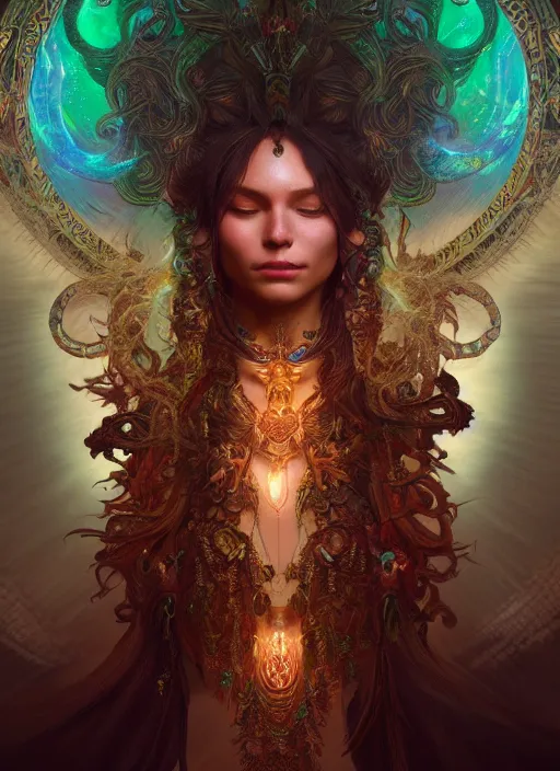 Prompt: Ayahuasca spirit divine cosmic female, chaos energy, glyphs, magic, artstation, high contrast, dramatic lighting, cgsociety, very detailed, intricate, detailed illustration, by artgerm and greg rutkowski and alphonse mucha, octane render, unreal engine, hyperrealism