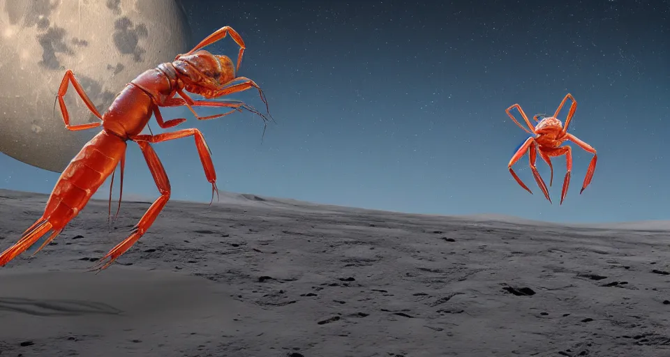 Image similar to A dancing shrimp riding a rollercoaster on the moon with the earth in the background, unreal 5, DAZ, hyperrealistic, octane render, dynamic lighting