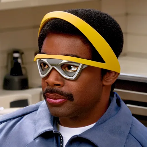 Image similar to Geordi LaForge wearing visor and a colander and random kitchen tools on his head