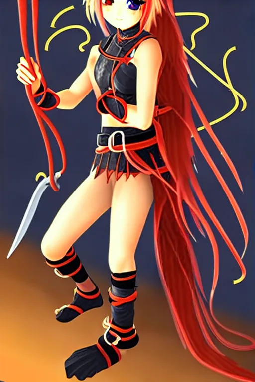 Image similar to A cute spaghetti-girl thief protagonist with leather-strap-armor and ninja weapons is exploring the tenth reality. A highly detailed fantasy character.