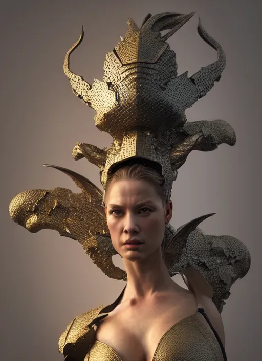 Image similar to hyperrealistic mixed media portrait of a beautiful armored warrior woman, stunning 3d render inspired art by Michael Parkes + perfect facial symmetry + dim volumetric lighting, 8k octane beautifully detailed render, post-processing, extremely hyperdetailed, intricate, epic composition, grim yet sparkling atmosphere, cinematic lighting + masterpiece, trending on artstation