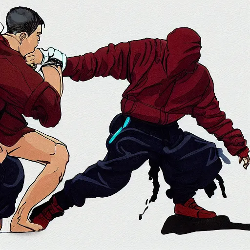 Image similar to An illustration of Kanye West beating up Pete Davidson by Katsuhiro Otomo, comic book style, 8K concept art, cel shaded, anime