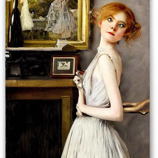 Prompt: elle fanning holding a martini, extremely detailed masterpiece, illustration, by william merritt chase,