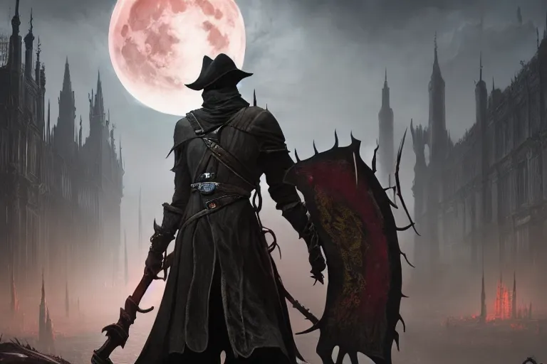 Image similar to an ultra matte painting of teferi in the style of bloodborne, concept art by art by john collier and albert aublet and krenz cushart, scary shadows, blood moon eclipse, octane render, liminal space