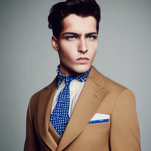 Prompt: male fashion model in year 2030 in new York, model wearing a fancy suit from Italy in beige with blue stripes, photography , fashion magazine editorial , highly detailed