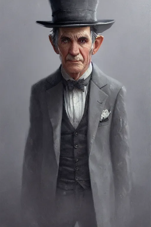 Image similar to a grey hair ageing halfling with stubble top hat and suit by Greg Rutkowski, painting, HD, high details, trending on artstation