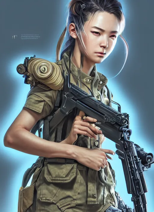 Image similar to the hyperrealistic portrait of lawful neutral female futuristic marine sniper as absurdly beautiful, gorgeous, elegant, young anime girl, an ultrafine hyperdetailed illustration by kim jung gi, irakli nadar, intricate linework, bright colors, octopath traveler, final fantasy, unreal engine 5 highly rendered, global illumination, radiant light, detailed and intricate environment