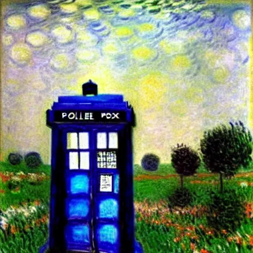 Image similar to an explosing tardis painted by monet, beautiful, highly detailed