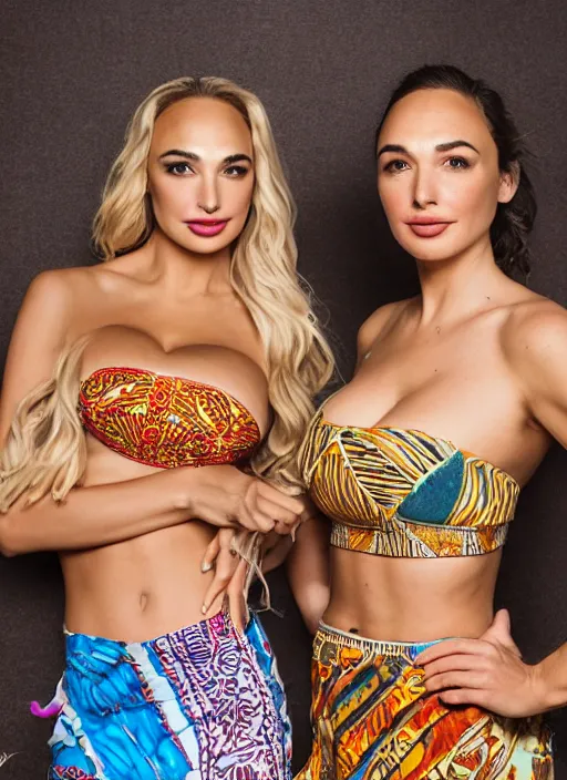 Image similar to portrait of lindsey pelas and gal gadot wearing batik tube top and sarong skirt, by charlotte grimm, natural light, detailed face, beautiful features, symmetrical, canon eos c 3 0 0, ƒ 1. 8, 3 5 mm, 8 k, medium - format print,