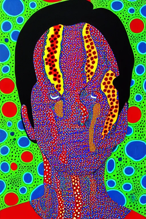 Image similar to a portrait a very ordinary person, by Yayoi Kusama, oil painting, pattern, anatomically correct, beautiful perfect face, large brushstrokes, sharp focus, Highly Detailed