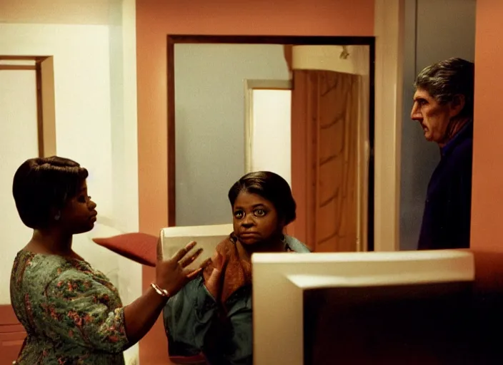 Image similar to cinematic shot of octavia spencer confronts joe manchin in a motel, in the near future, iconic scene from the paranoid thriller sci fi film directed by stanley kubrick, color theory, apartment design, leading lines, photorealistic, volumetric lighting