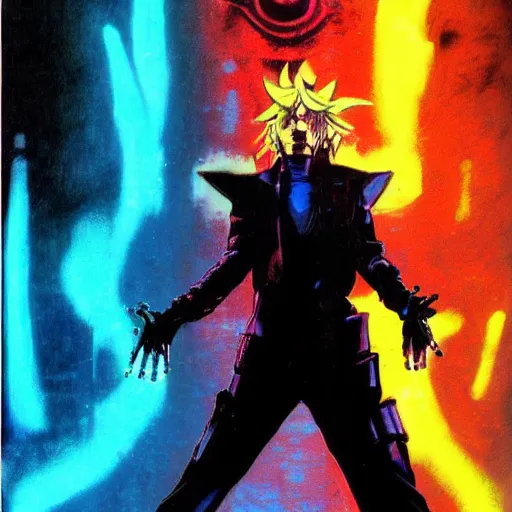 Prompt: portrait of the hacker cyberpunk magician in a dramatic jojo pose tarot card, golden blue outfit, oil on canvas by yoji shinkawa and esao andrews and raoul ruiz