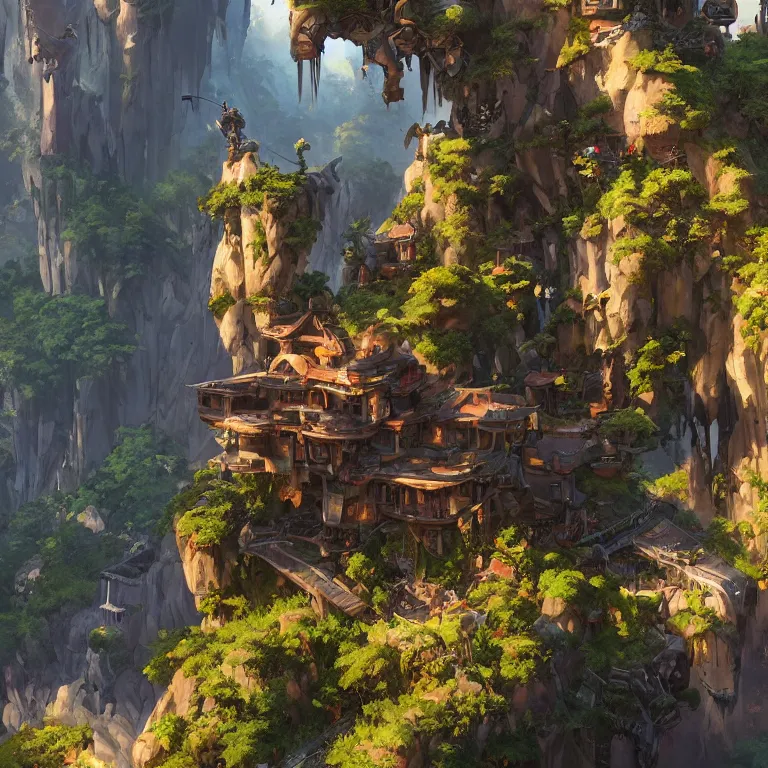 Image similar to vertical overwatch headquarters carved inside a mountain surrounding a lush garden, trimmed, magical, natural light, fantasy, sharp focus, concept art, by greg rutkowski and craig mullins, atmospheric, octane render