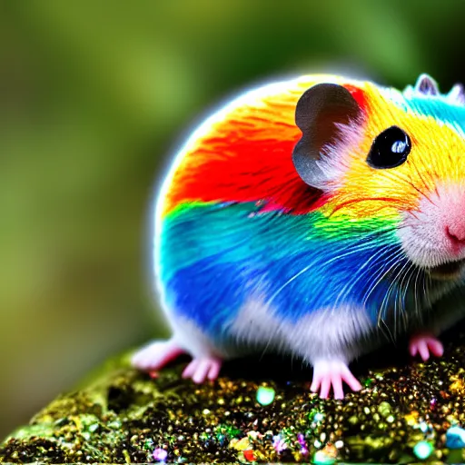 Prompt: rainbow hamster made out of large rainbow gems, 8 k hd