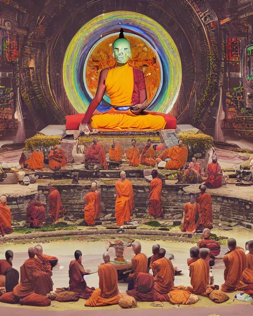 Image similar to a painting of cyborg buddhist monks sitting in circle praying to a big intricate machine, matte painting, highly detailed, sci-fi, cyberpunk art