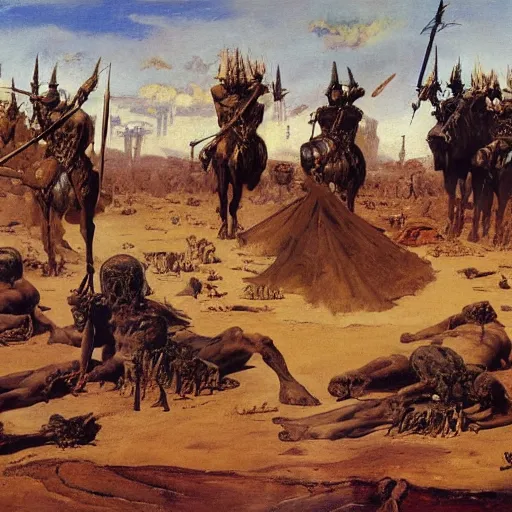 Image similar to an oil painting of a desert ground covered with some bodies of medieval soldiers, wide shot, by Frank Frazetta, by Gustave Moreau, by Georgia O Keeffe
