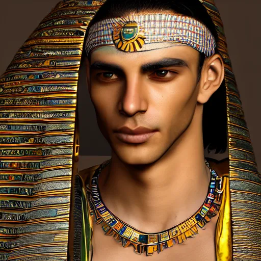 Image similar to a man in egyptian clothing wearing rings and jewlery on his neck, 8k resolution, serene, photorealistic, digital art, hyperdetailed, Unreal Engine, dynamic lighting, ultra detailed, trending on art station, concept art, stunning visuals, extreme detail