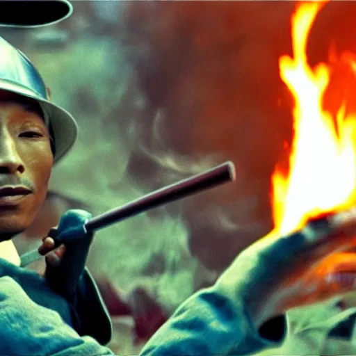 Image similar to cinematic film still Pharrell Williams starring as a Samurai holding fire, Japanese CGI, VFX, 2003, 40mm lens, shallow depth of field,film photography