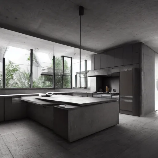 Image similar to brutalist house kitchen interior design ominous dark powerful giant open space high quality furniture octane render