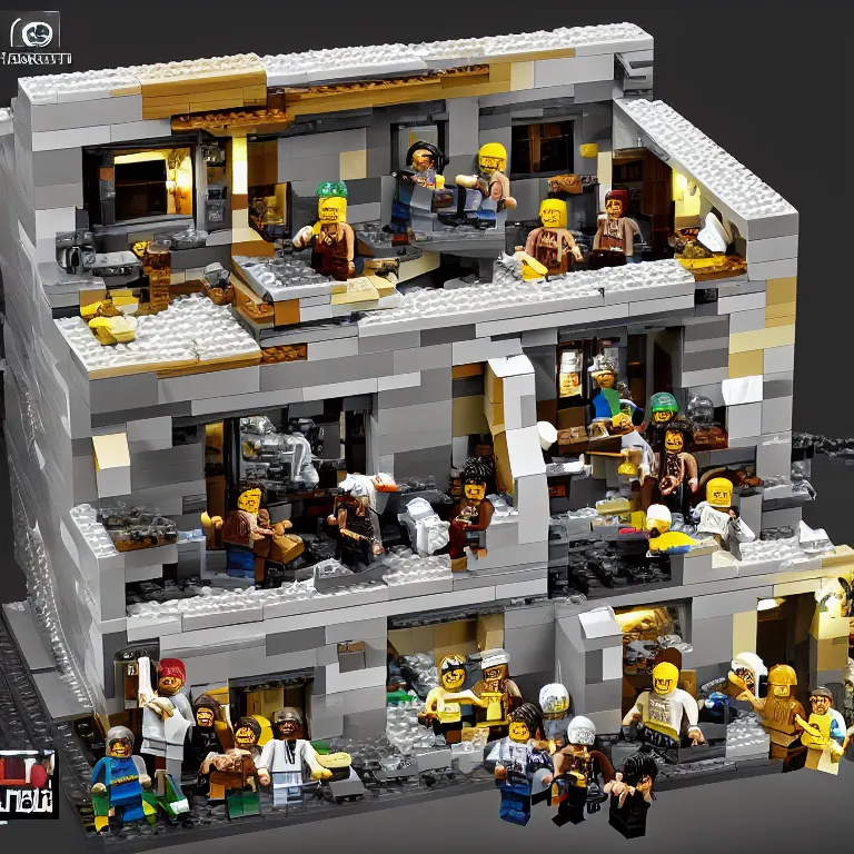 Image similar to fbi raid osama bin laden's final hideout in abbottabad, pakistan lego set product marketing, photorealistic, studio lighting, highly detailed