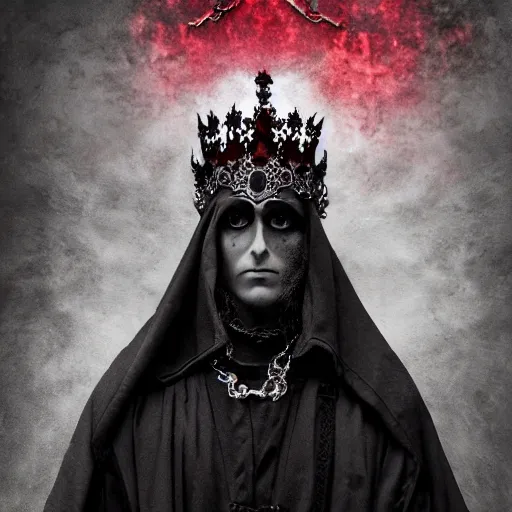 Prompt: dark gothic king with a shining red philosopher stones in his crown, details, mystery, witchcraft, dark magic, forbidden knowledge, dramatic lighting, scary, dramatic mist, dark, grey, intricate details, 4k