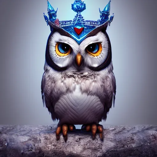 Prompt: cute owl, charactor, with big blue eyes, gothic, with a crown on his head, magical, warrior, hyper detailed, stylistic, symmetrical, 3 d render, photorealitic, 8 k, octane render