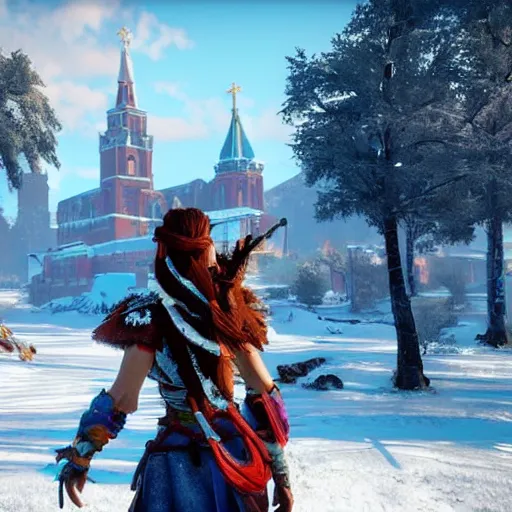 Prompt: horizon zero dawn, beautiful girl, in russia, church in the background, moscow