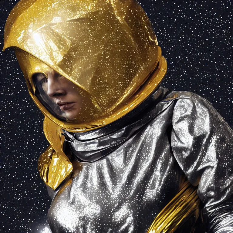 Image similar to octane render portrait by wayne barlow and carlo crivelli and glenn fabry, subject is a woman covered in folded aluminum foil space suit with a colorful metallic space helmet, floating inside a futuristic black and gold space station, cinema 4 d, ray traced lighting, very short depth of field, bokeh