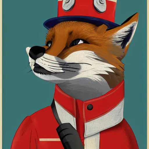 Image similar to fox animal dressed as a soldier in the style of a patriotic propaganda poster