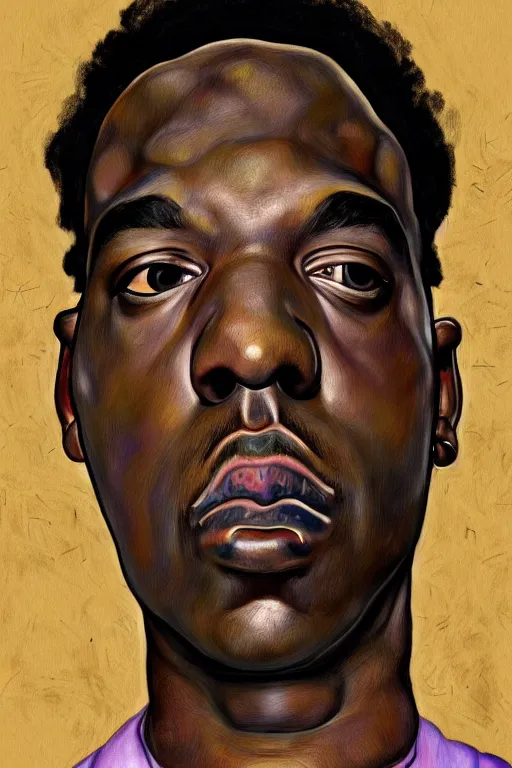 Image similar to a portrait of biggie small in style of egon schiele, masterpiece, hyperdetailed, complex, intricate, 4 k, trending on artstation