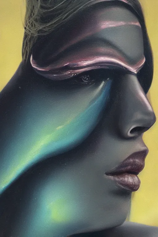 Image similar to hyperrealism oil painting, close - up portrait of face from a tangle of snakes fashion model, knight, street art gradient mixed with nebula sky, in style of baroque