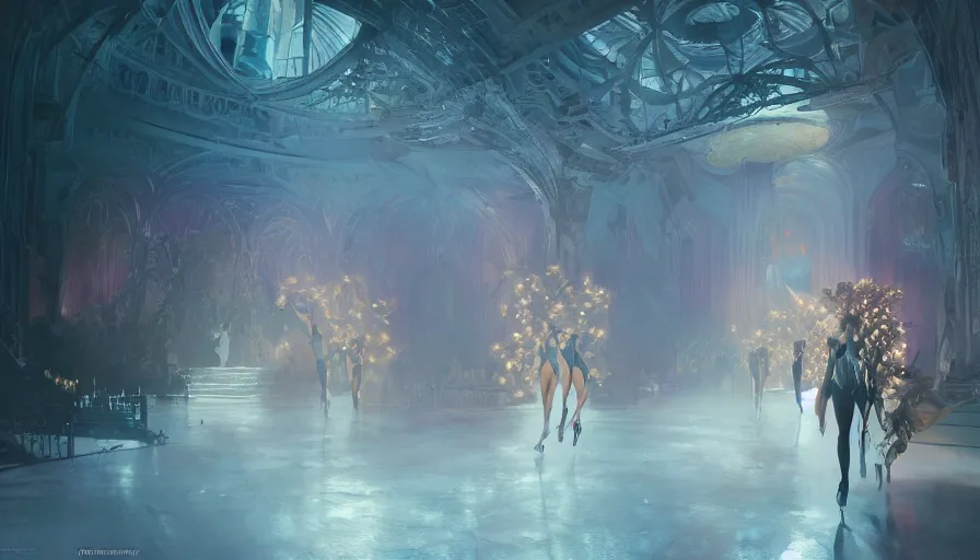 Image similar to victoria secret runway show, light, shadows, reflections, flowers, epic composition, intricate, elegant, volumetric lighting, digital painting, highly detailed, artstation, sharp focus, illustration, concept art, ruan jia, james jean, steve mccurry, raymond swanland, peter andrew jones, greg rutkowski, concept art, iconic