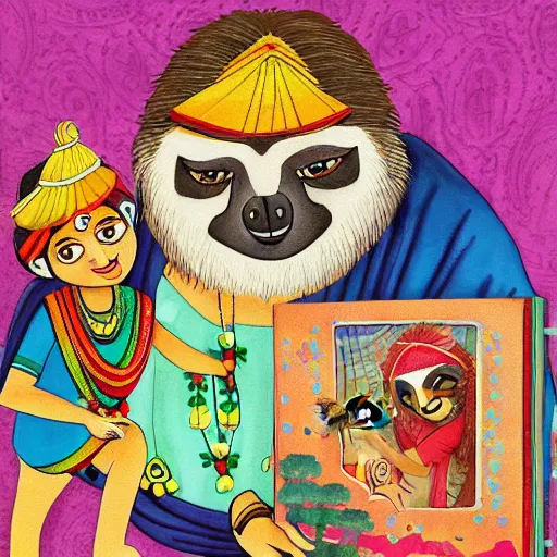 Prompt: beautiful indian woman and cute sloth investigate crime together, illustrated, children's book, high detail cartoon, colourful, watercolour