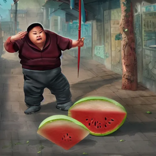 Image similar to a chinese fat guy being stabbed by a long blade in a melon stall.digital art,trending on artstation.