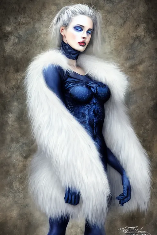 Prompt: Full body Portrait of a female cryomancer, pale white skin, dark blue eyes, gorgeous lady, sky-blue thick fur coat, navy shirt, black leggins, beautiful sculptured face, dark blue lipstick, kissing smile, pillars of ice background, extremely detailed, by frank franzzeta, WLOP, Genzoman and gary gygax, trending on artstation, artstationHD, artstationHQ, deviantart, 16K, HD, matte painting, vibrant colors