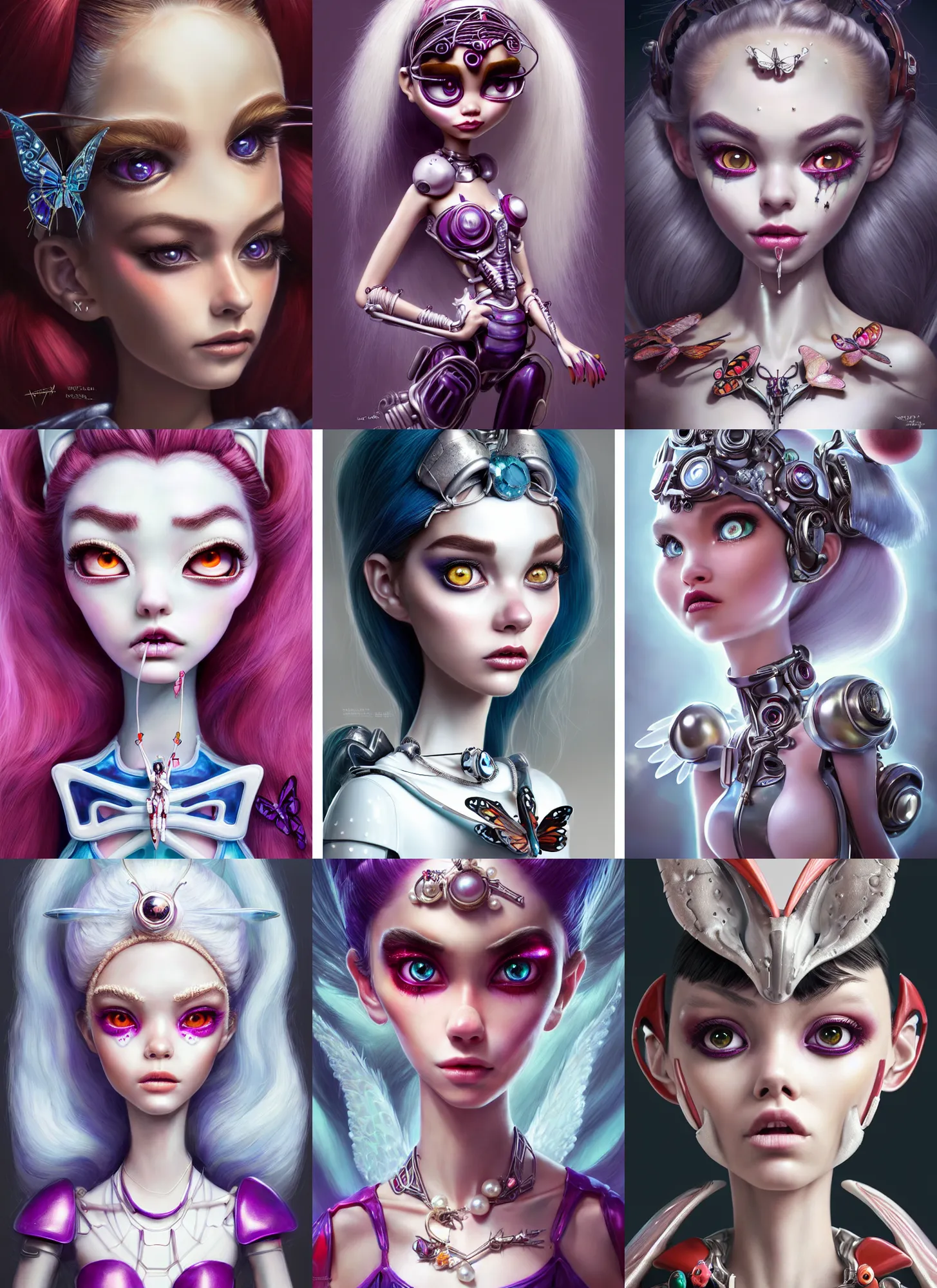 Prompt: pixar weta portrait, beautiful porcelain white powerpuff girl clowncore pearl devil angel madison beer cyborg woman, butterfly jewelry, sci - fi, fantasy, cyberpunk, intricate, elegant, highly detailed, digital painting, ever after high, octane render, artstation, concept art, smooth, sharp focus, illustration, art by artgerm, loish, wlop