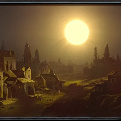 Prompt: dark solar eclipse, above a village, highly detailed, studio 4 k quality, by carl gustav carus