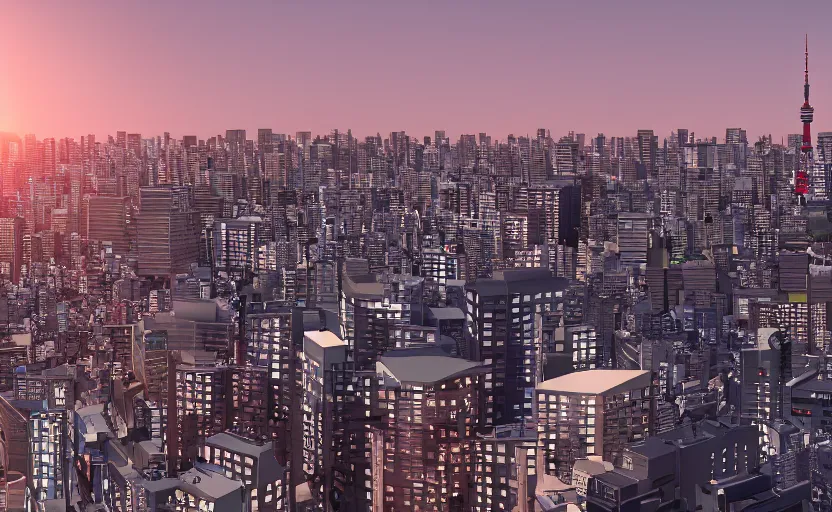 Image similar to blender render of tokyo city from a rooftop view, sunset lighting, unreal engine, hyper realism, realistic shading, cinematic composition, octane render, hdr, detailed textures, photorealistic, ultrawide shot, 1 6 mm lens