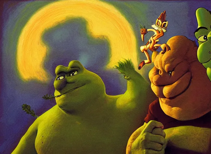 Image similar to surrealist impressionist painting of sonic the hedgehog and shrek and garfield at dusk, in the style of michael whelan and james gurney and wayne barlowe