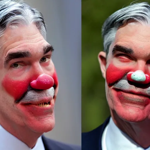 Prompt: Jerome Powell with colorful clown makeup all over his face whiteface, derp eyes