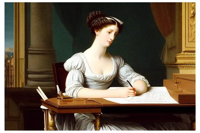 Prompt: 1 8 0 1 lady writing at her desk by vittorio reggianini, georgian dress, directoire style, regency, empire silhouette, bright lighting, perfectly detailed eyes, beautiful hands, pale skin, clear face