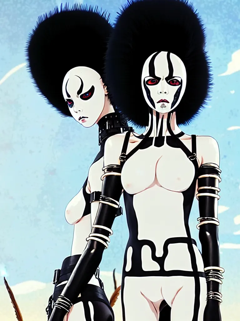 Prompt: one fierce looking beautiful young woman with afro hair and symmetrical white makeup, mad max, black leather straps, wearing intricate bodysuit and headdress made from white bones and black feathers, painted by makoto shinkai, studio ghibli,